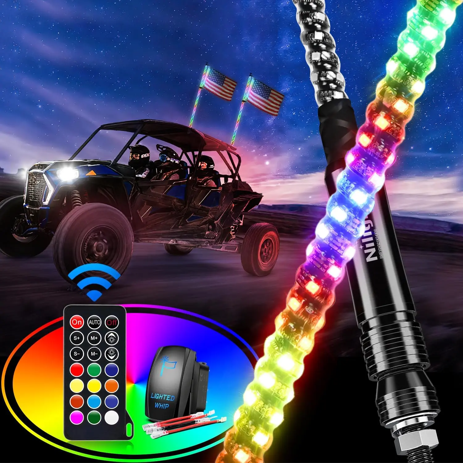 Nilight 2PCS 2FT Waterproof Dimmable Spiral RGB LED Whip Lights - Stainless Steel Lighted Antennas, RF Remote, IP67 Rated, Chase/Dance Modes for Off-Road Can-Am, Polaris UTV/ATV, Light Dimmable Rgb Colorful Led