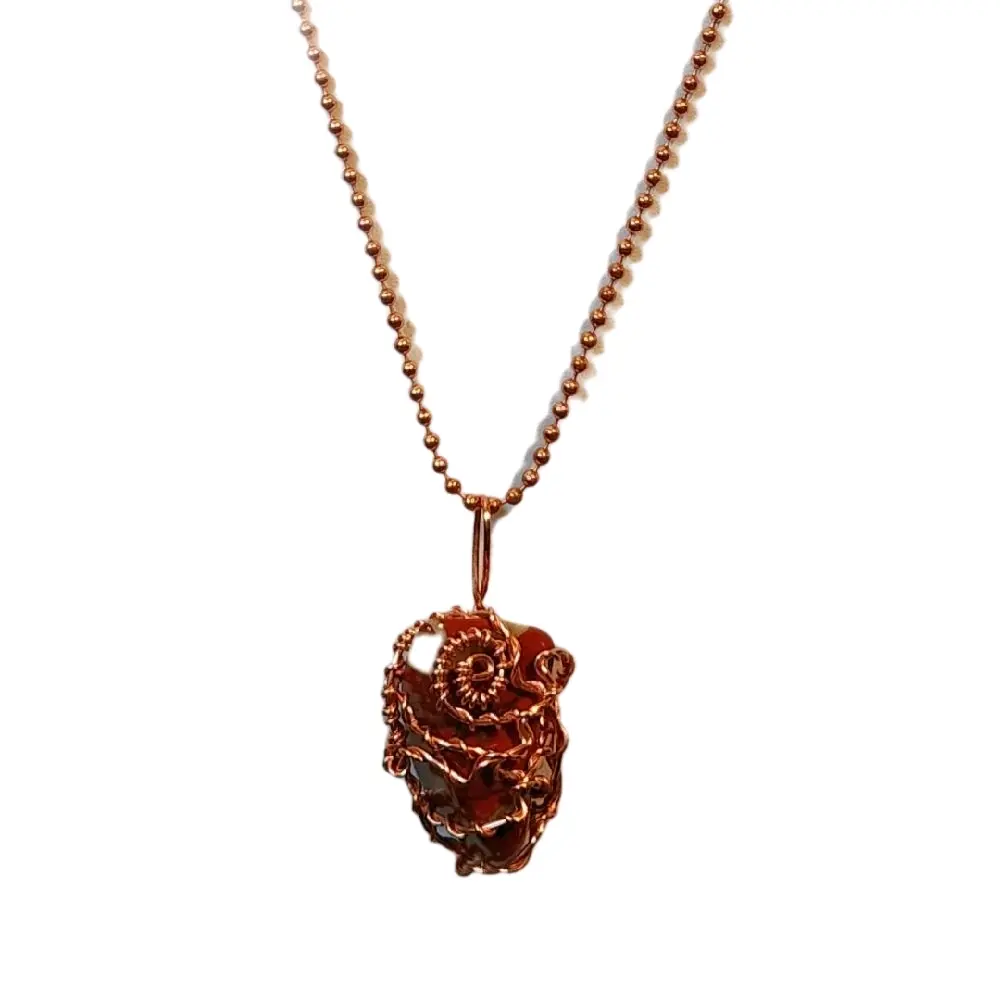Handcrafted Red Jasper Stone Wrapped in Copper Necklace - 22-inch Chain, Elegant Free-Style Wrap, Unique Jewelry Piece