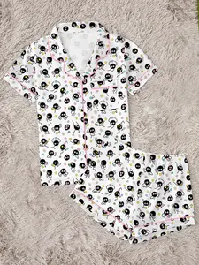 Cartoon Print Women's Pajama Set, Pjs, Comfortable Two-Piece, Short Sleeve Button-Up Top and Elastic Shorts, Casual Home Wear, Loungewear, Nightwear, Party Gift