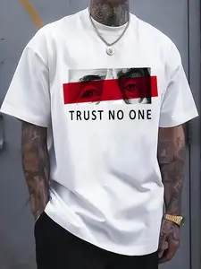 Men's summer round neck T-shirt comfortable loose short sleeve fashionable retro casual print - letters TRUST NO ONE graphic design, black casual short sleeve T-shirt with red stripes and eye illustrations, comfortable and versatile, suitable for summer