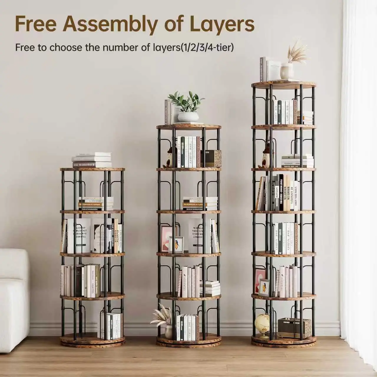 360° Rotating Bookshelf Tower - 3,4,5 Tier Options, 17.56” Diameter x 62.2” Height, Stable, 200 lbs Per Shelf, Holds 60-100 Books, Assembly Required, Stylish Indoor Furniture Shelf Rack for Bedroom, Living Room DIY Storage