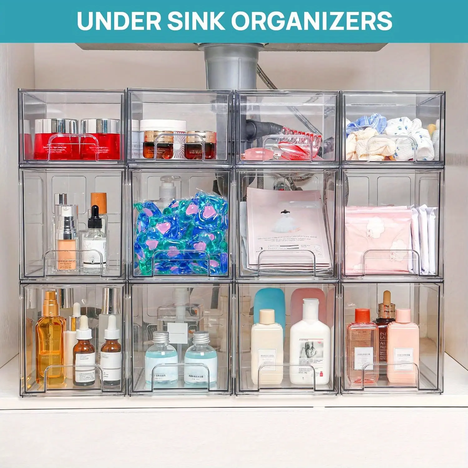 4 Pack Clear Acrylic Stackable Storage Drawers, 7.5"D X 6"W X 6.6"H Bathroom Makeup Organizers, Plastic Storage Bins for Vanity, Perfume Organizer