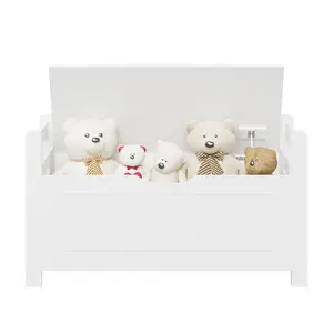 Kids Toy Box Chest White MDF Storage Cabinet with Cushion Seat Bench Flip-Top Lid Safety Hinge for Nursery Playroom 35'' W x 15'' D x 19.3'' H