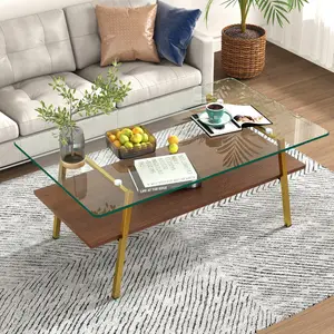 Rectangle Coffee Table Living Room Center Table, Tempered Glass Tabletop with Metal Legs, Modern Table