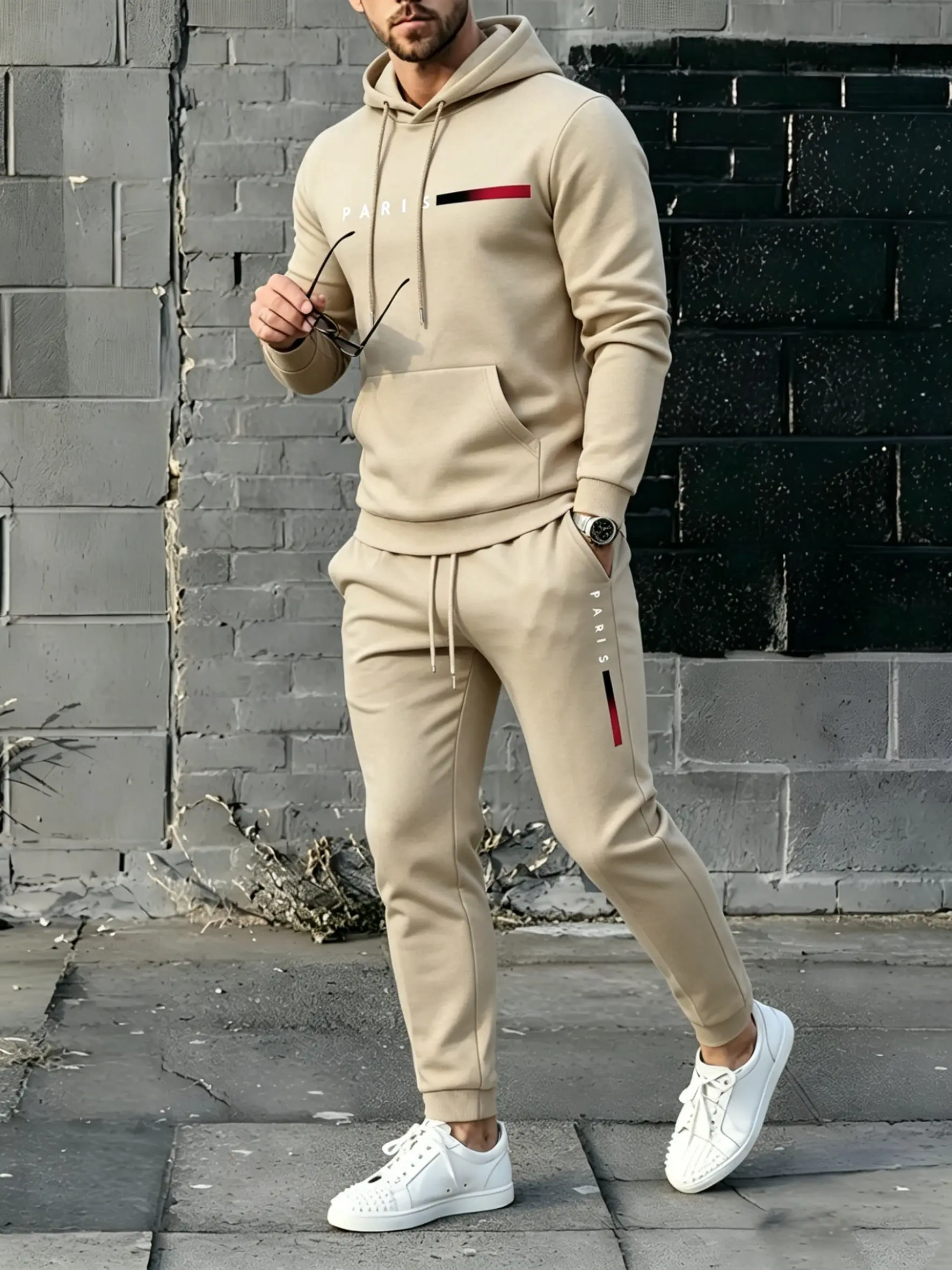 Men's Paris letter printed hoodie and drawstring sweatpants set fathersdaygift