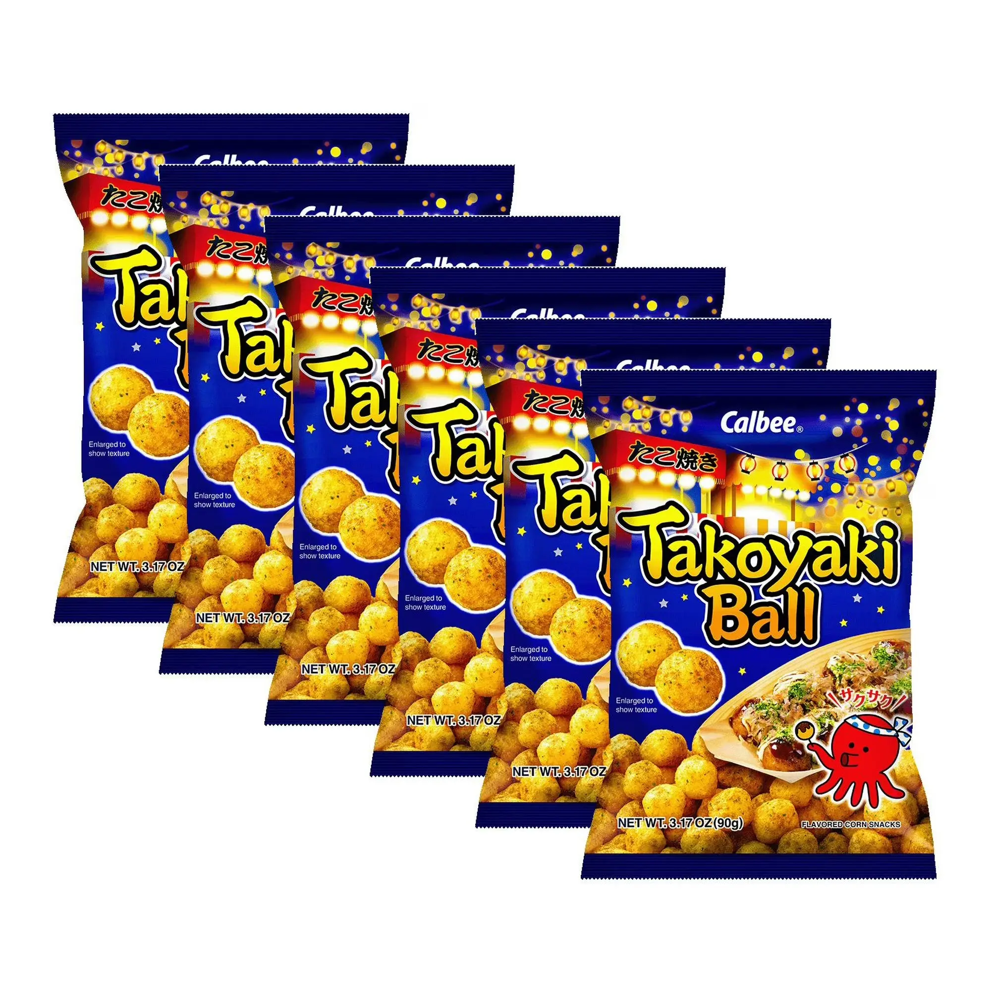 Calbee Takoyaki Ball Flavored Corn Puffs Japanese-Style BBQ Sauce 3.17 oz - 6 Pack