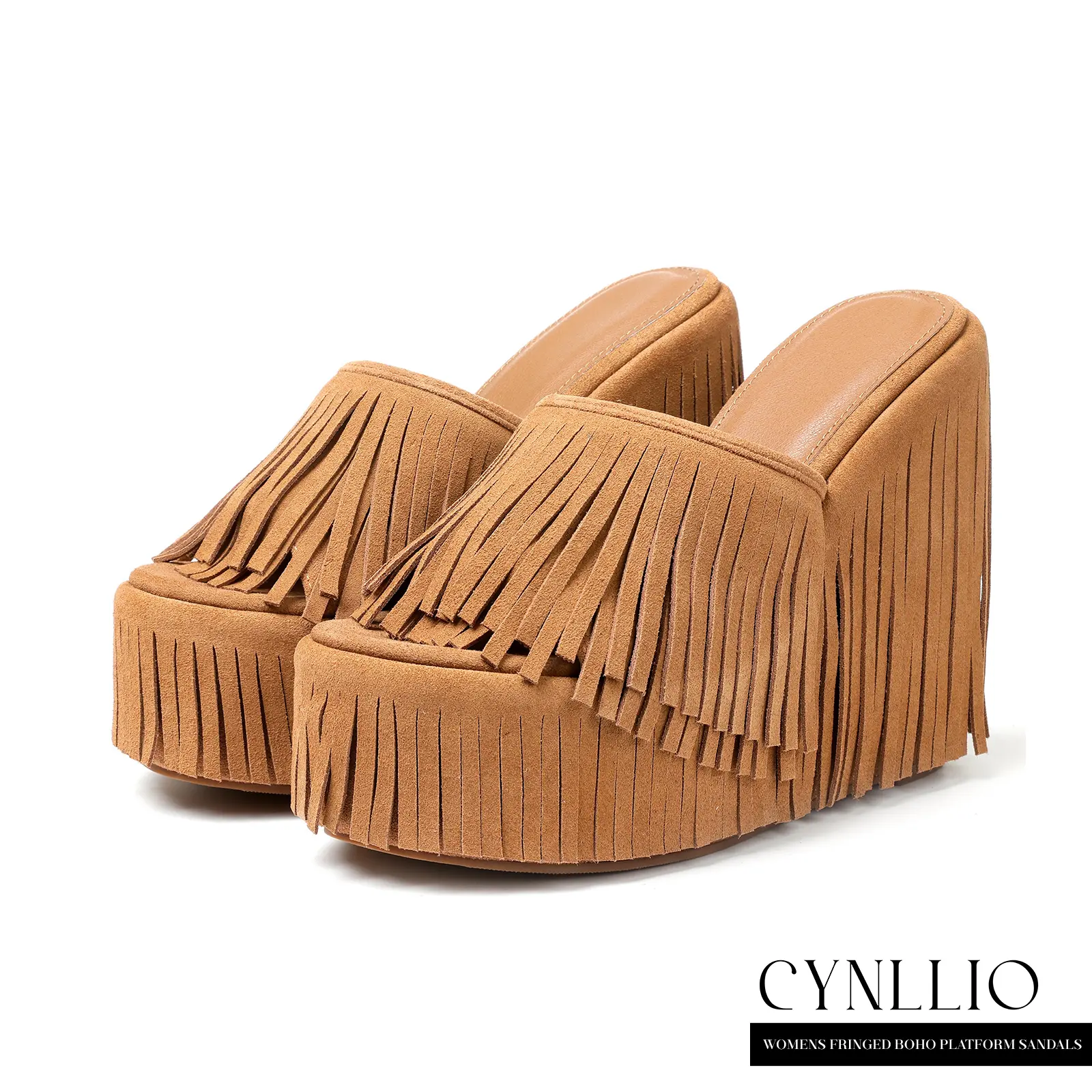 CYNLLIO Fringed Boho Cowboy Style Platform Sandals For Womens Open Round Toe Tassel High Heels Slip On Wedge Heeled Slides for Dating Outings Evening Party Holiday Summer Dress Sandals Beach Slippers Bohemian Style Shoes