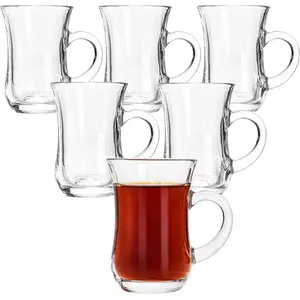 Set of 6 Turkish  Glasses With Handle,  Design and Thick Sole   from Getting Cold, 5 oz Small Clear Teacup Set Glass Coffee Cups for Espresso Coffee, Hot