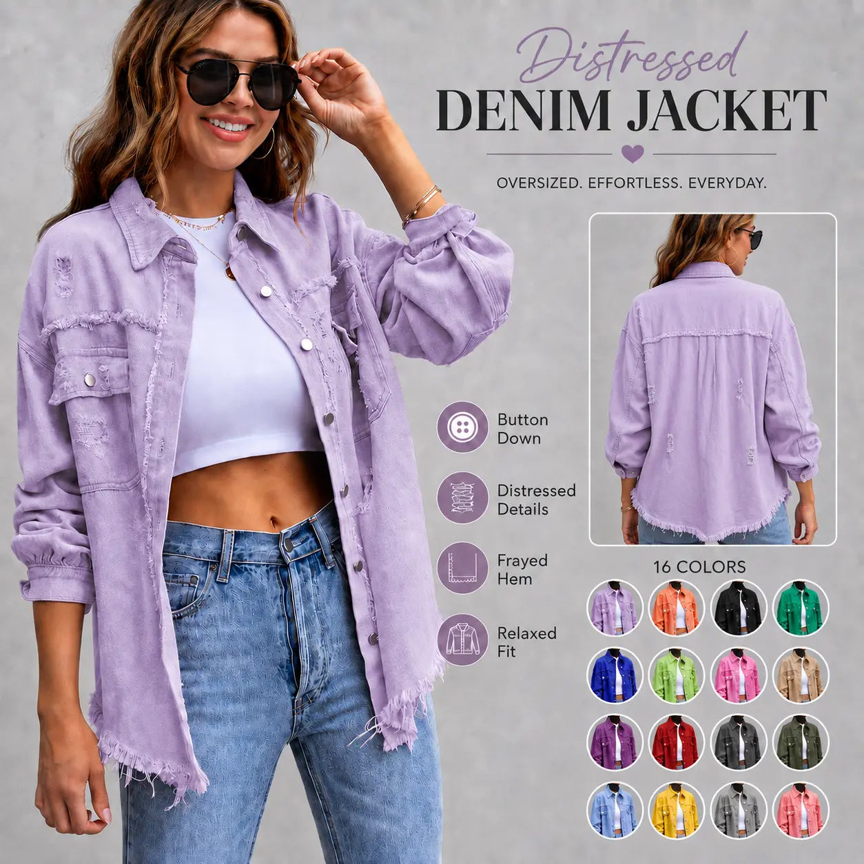 Women Oversized Distressed Denim Jacket, Button Down Long Sleeve Shacket with Ripped Details & Frayed Raw Hem, Relaxed Casual Outerwear,16 Colors