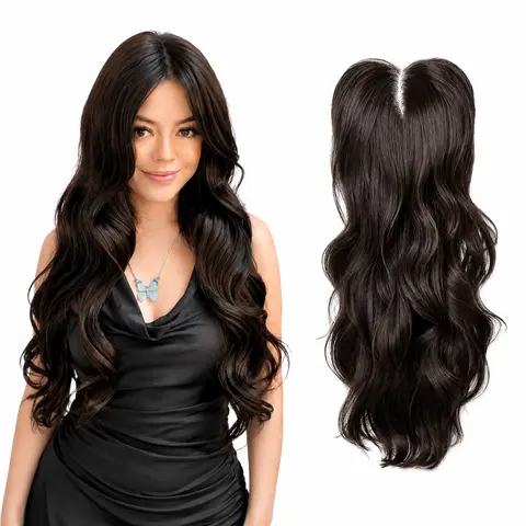 Full Coverage 24 inch Synthetic Hand Tied Hair Topper Cap-Free Wig No Glue or Wig Cap Needed Natural Hairline Blends Seamlessly with Your Hair Instant Volume&Length No Excess Lace, No Glue, No Hassle More Coverage Than a Topper, Easier Than a Wig