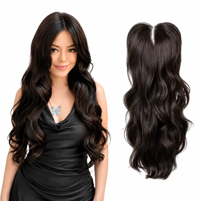 Full Coverage 24 inch Synthetic Hand Tied Hair Topper Cap-Free Wig No Glue or Wig Cap Needed Natural Hairline Blends Seamlessly with Your Hair Instant Volume&Length No Excess Lace, No Glue, No Hassle More Coverage Than a Topper, Easier Than a Wig