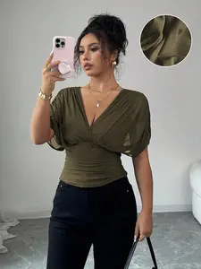 Women's V Neck Ruched Slim Fit Solid Color Blouse, Summer Short Sleeve Fitted Top, Casual Fashion Shirt for Women Lady Womenswear