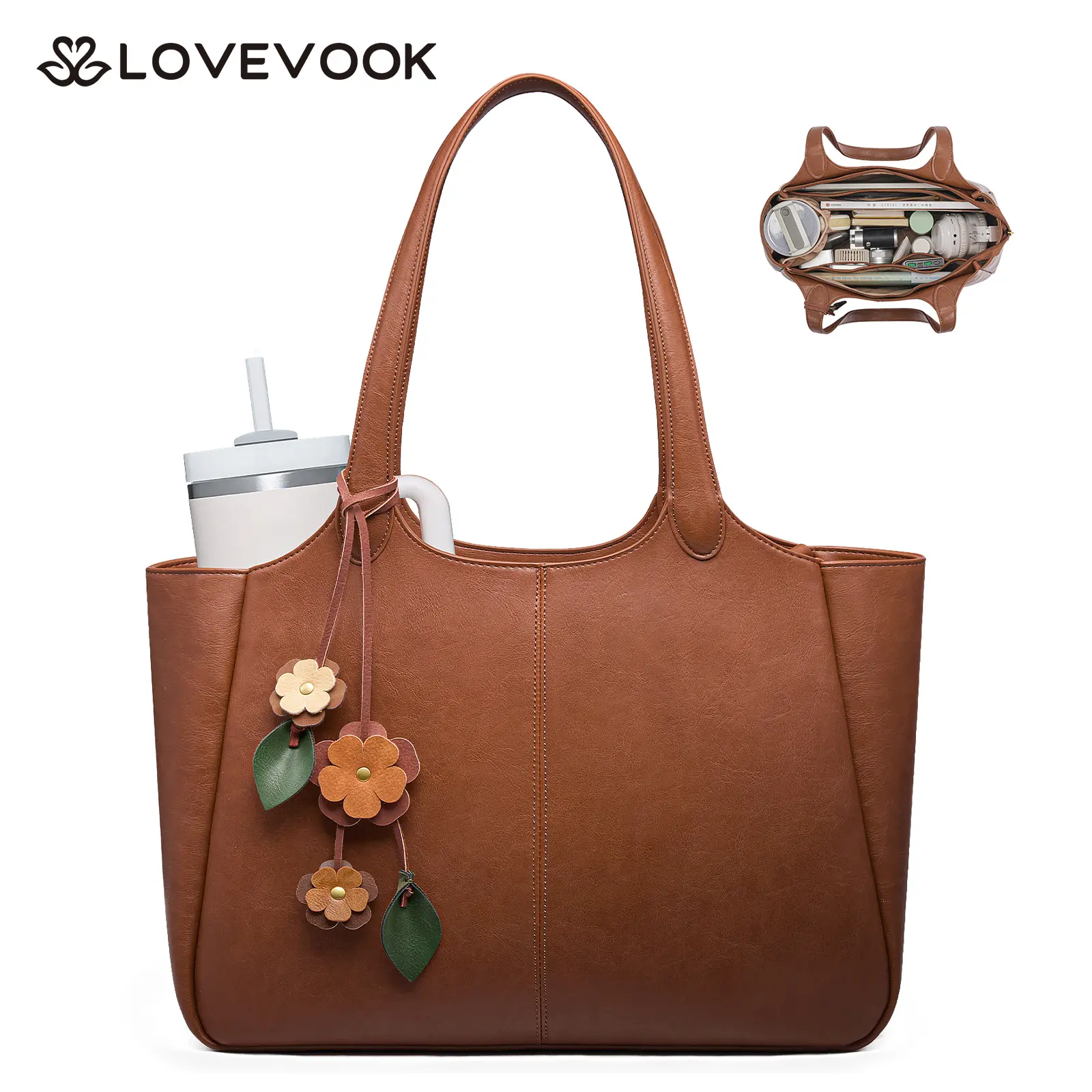 LOVEVOOK Tote Bag for Women, Leather Vintage Work Bag with 40oz Cup Holder,Nurse Teacher Shoulder Bag,Roomy,6 Pockets