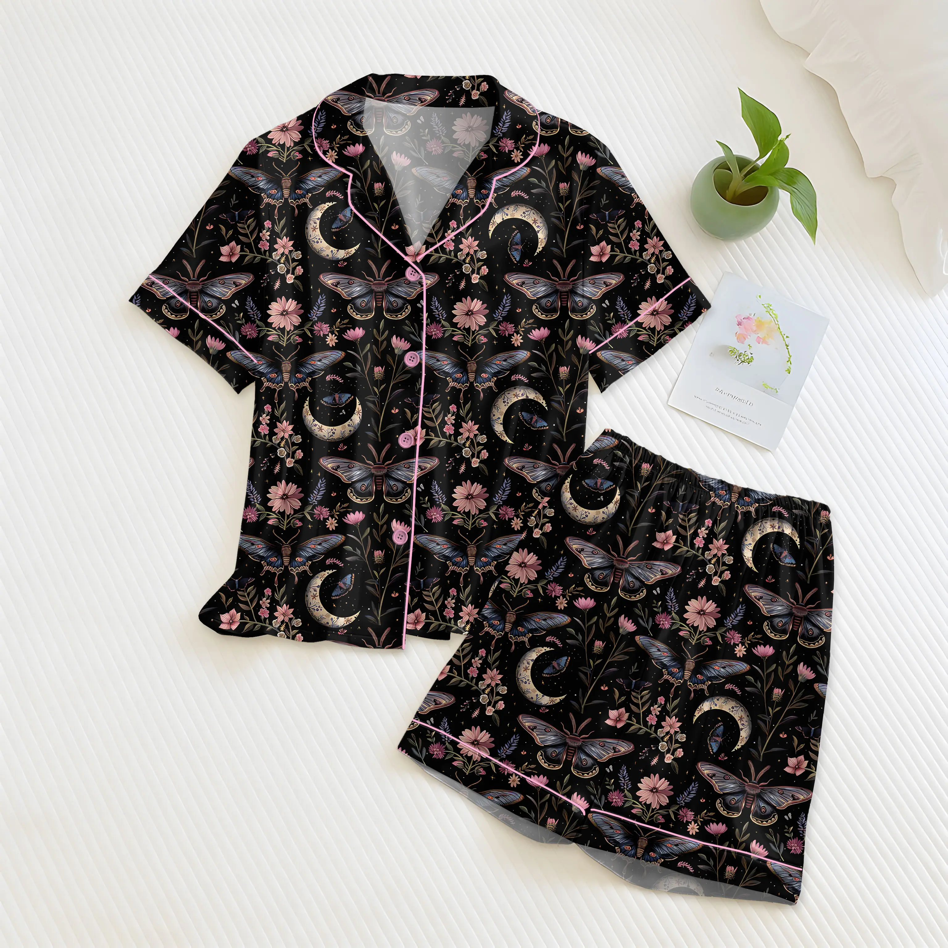 Night Garden Mystical Moth Magic Witchy Floral Satin Pajama Set, Halloween Magic Witchy Floral Pajama Sleepwear, Nighwear Set for Her