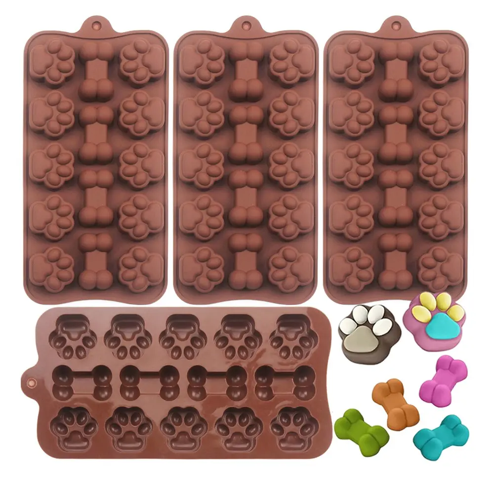 4pcs Chocolate Paw Print Silicone Molds Reusable Chocolate Mold for Dog Bone Cake Decor, Baking Tools Bakery Molds for DIY Baked Ice Box, Candy and Soap Making