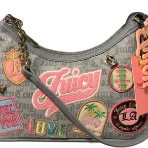 Juicy Couture Blue Embroidered Patchwork Hobo Bag with Chain Strap and Logo Charm