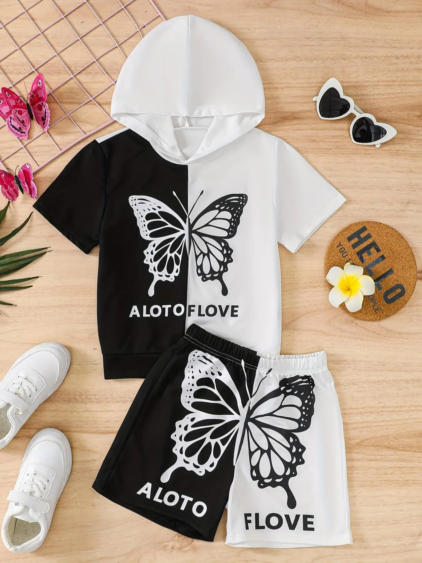 Two-Piece Set Girl's Butterfly Print Hoodie & Shorts Set, Casual Short Sleeve Hooded Pullover & Shorts for Daily Wear, Kids Summer Clothes