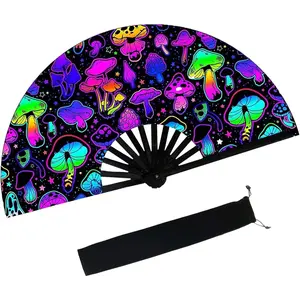 Large Folding Hand Rave Fan,Clack Handheld with Fan Bag,for Line Dancing,Music Festivals,Carnival,Rainbow Outfits,Disco,Neon, Glow Party Decorations Supplies.Mushrooms