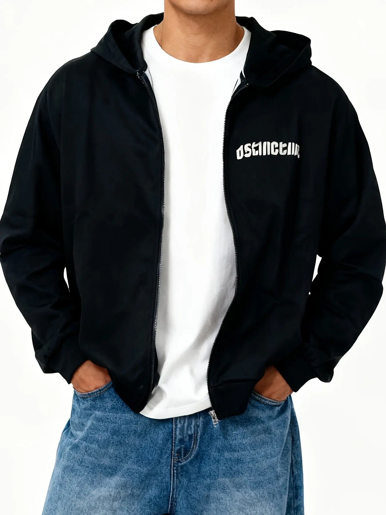 Solid Black Distorted Block 3D Letter Graphic Full Zip Hooded Windbreaker Jacket Unisex Oversized Drop Shoulder Elastic Cuff Lightweight Windproof Casual Skate Street Outerwear