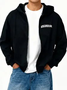 Solid Black Distorted Block 3D Letter Graphic Full Zip Hooded Windbreaker Jacket Unisex Oversized Drop Shoulder Elastic Cuff Lightweight Windproof Casual Skate Street Outerwear