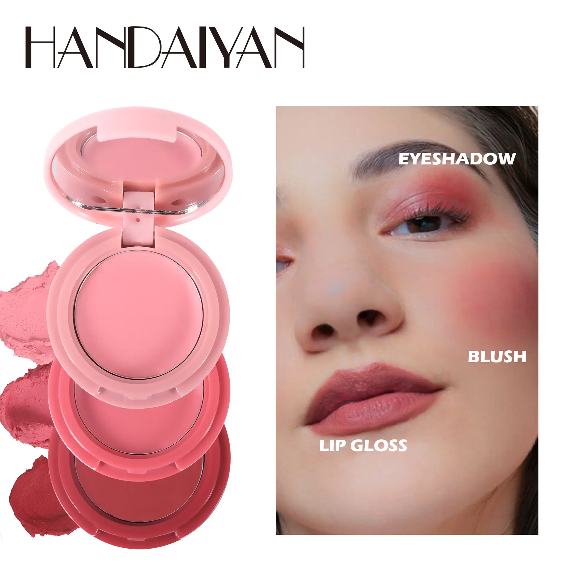 3-In-1 Cream Blush Stick Long-Lasting Waterproof Moisturizing Hydrating, Multi-Purpose Face Makeup, Three Colors Blush Palette Foldable Handaiyan Everyday Versatile Makeup