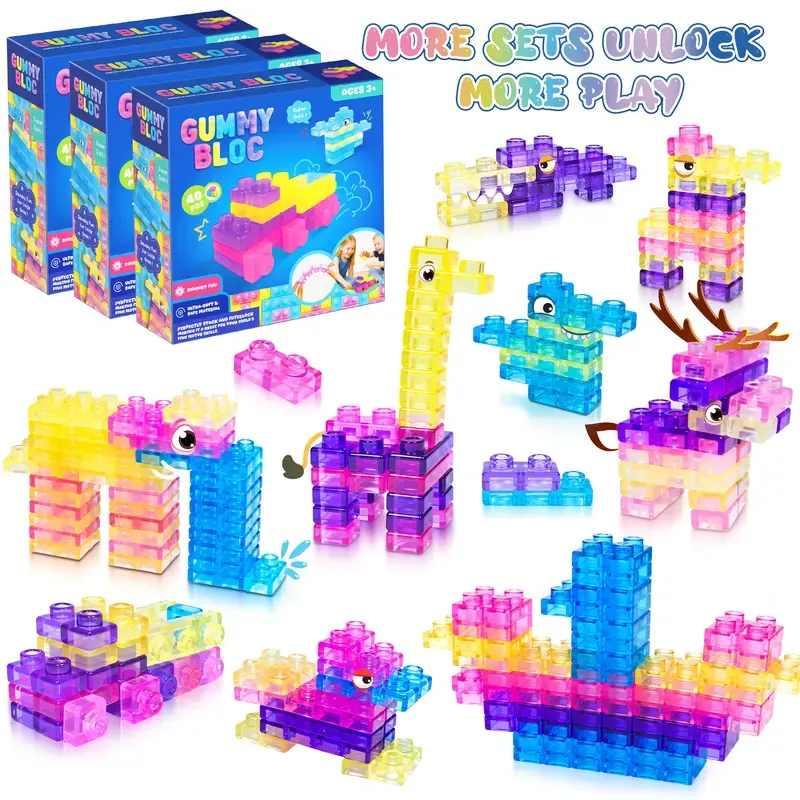 Travel Jelly Blocks, Portable Soft Building Blocks, Squishy Sensory Toy for Kids On-the-Go, Car Airplane Road Trip, Non-Toxic, Storage Bag, 40PCS