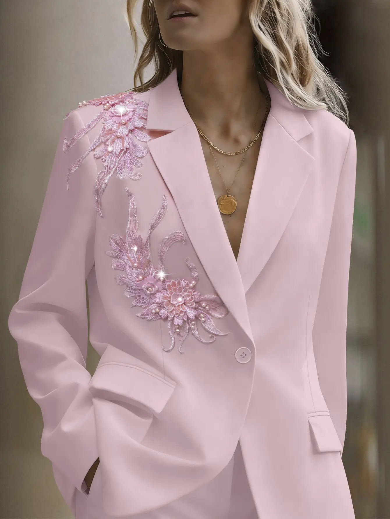 ASANDY Women's Long-Sleeve Suit Blazer - Sparkly Suit Vest Compatible, Pink Floral Embroidery, 3D Flower Accents, Pearls, Elegant Statement Piece, Sparkly Suit Vests
