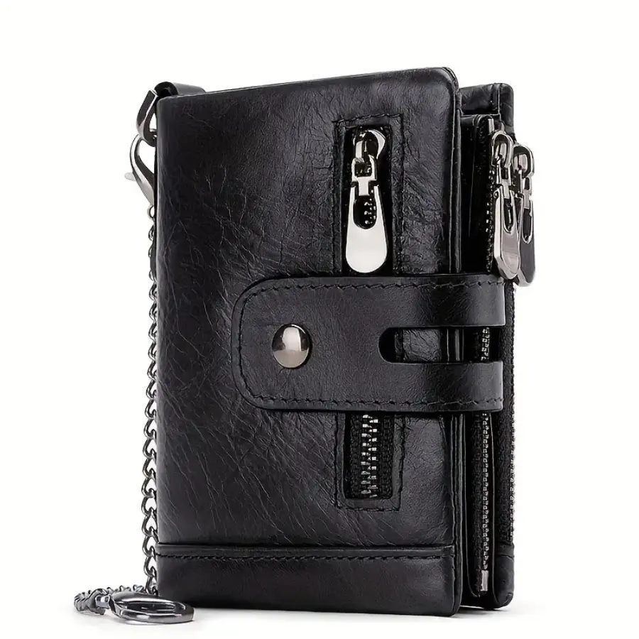 Men's Genuine Leather Bifold Durable Wallet - Anti-Theft Chain, RFID Blocking Card Holder with Zipper Pockets for Everyday Carry, Birthday, Father's Day, Business Minimalist Wallet, Card Slots Pocket, Classic, Solid, Multi-Slots, Bifold/Trifold Wallet