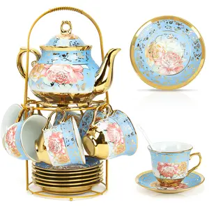 Women's European Style 20-Pack Ceramic Tea Cup and Mug Set, Exquisite Floral Design with Metal Holder - Elegant Kitchenware for Tea Parties