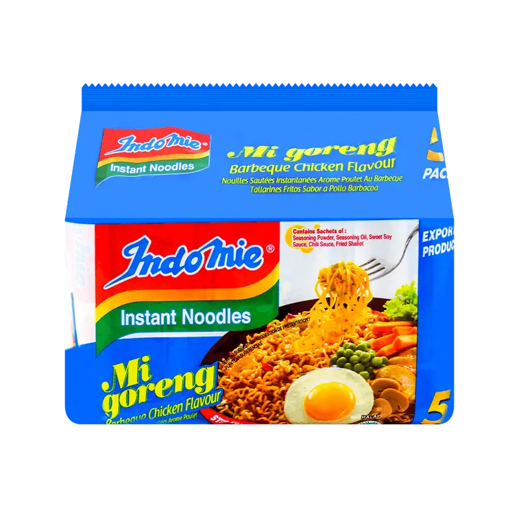 Indomie BBQ Chicken Flavor Stir Fry Ramen - 85g x 5 Pack, Savory Instant Noodles, Food and Snacks, Seasoning Powder Included, Ambient Pantry Food for All Ages, Chicken Flavor Instant Noodles