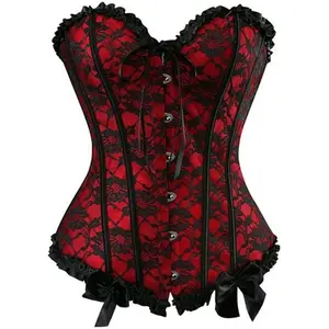 WomensFloralBlackLaceTrimCorsetOverbustWaistCincherBustierTop