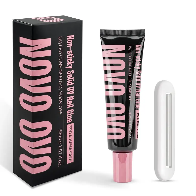 NOVO OVO 30g (1.02 fl oz, 30 ml) UV Solid Nail Glue Gel - 1 Tube with Squeezer & Rhinestone Glue, HEMA-TPO Free Strong Non-Sticky Adhesive for Press-On Nails, 3D Sculpting, 60s UV Cure, No Product Waste