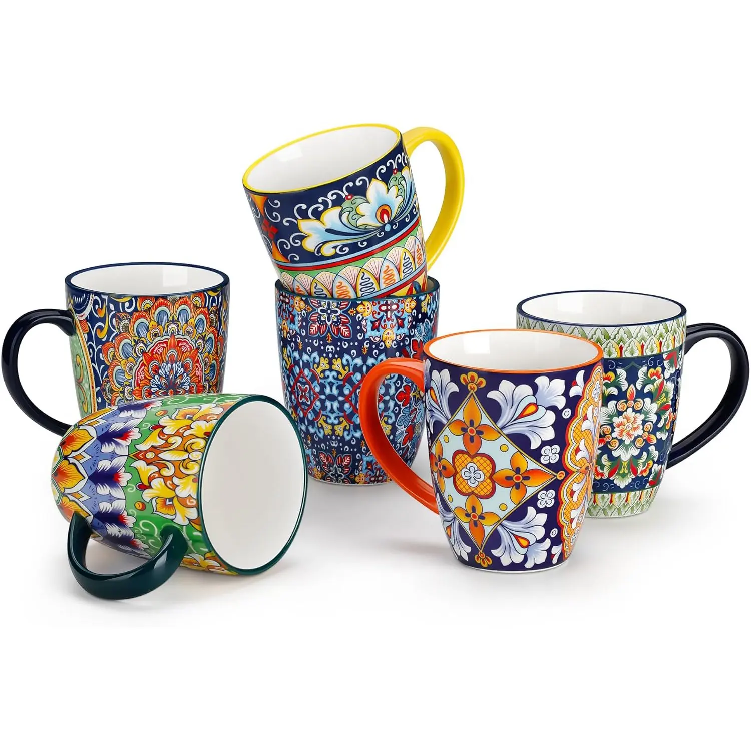 vancasso SIMI Porcelain Coffee Mugs Set of 6, 12/14/16/18 oz Multicolor Ceramic Cups for Latte, Cappuccino, Tea & Cocoa, Boho Style, Microwave & Dishwasher Safe