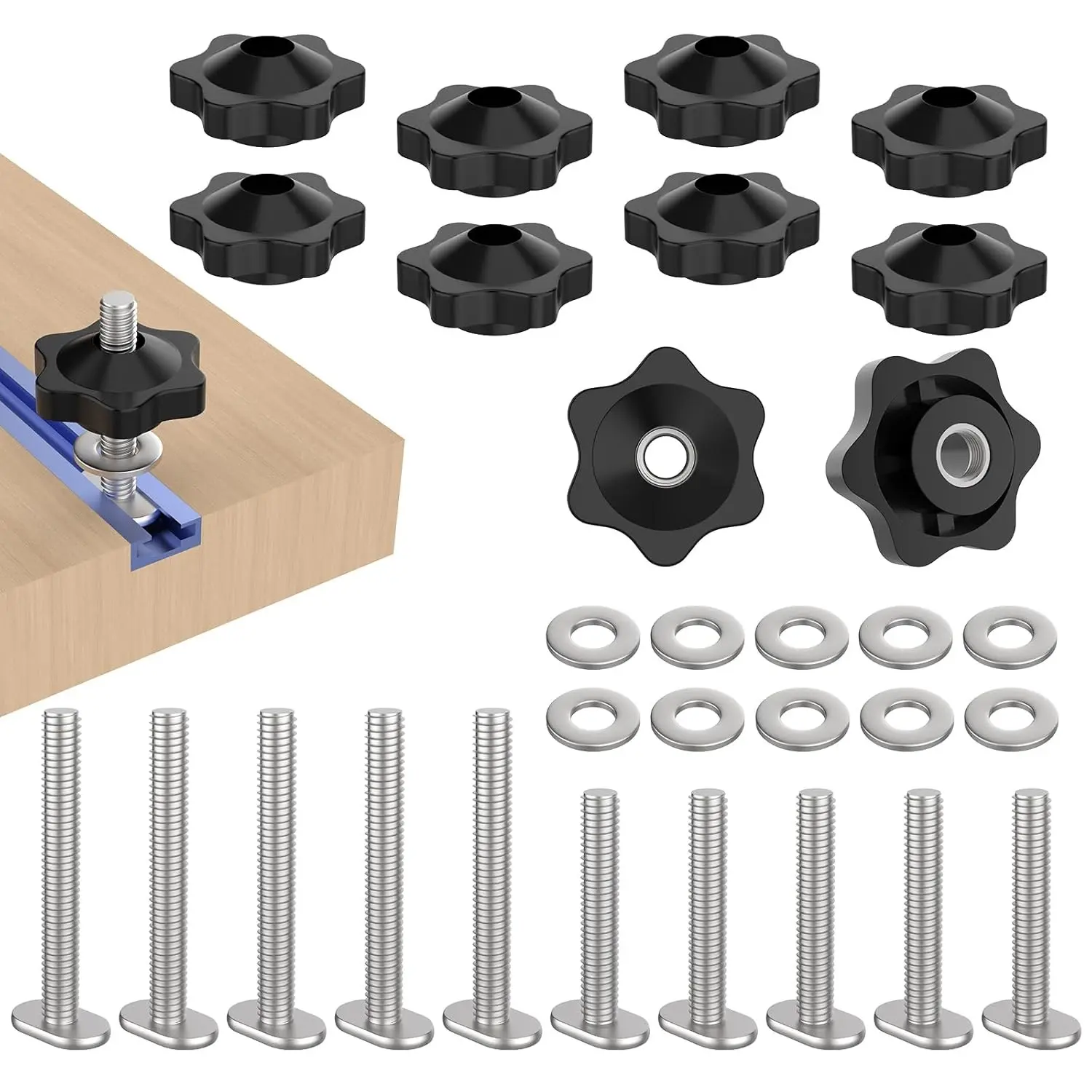 10 Sets 1/4-20 T Track Bolt Knob Kit, T-Track Accessory Includes 1-1/2" & 2" T-Slot Bolts with Washers and Star Knobs for Woodworking Jigs and Fixtures