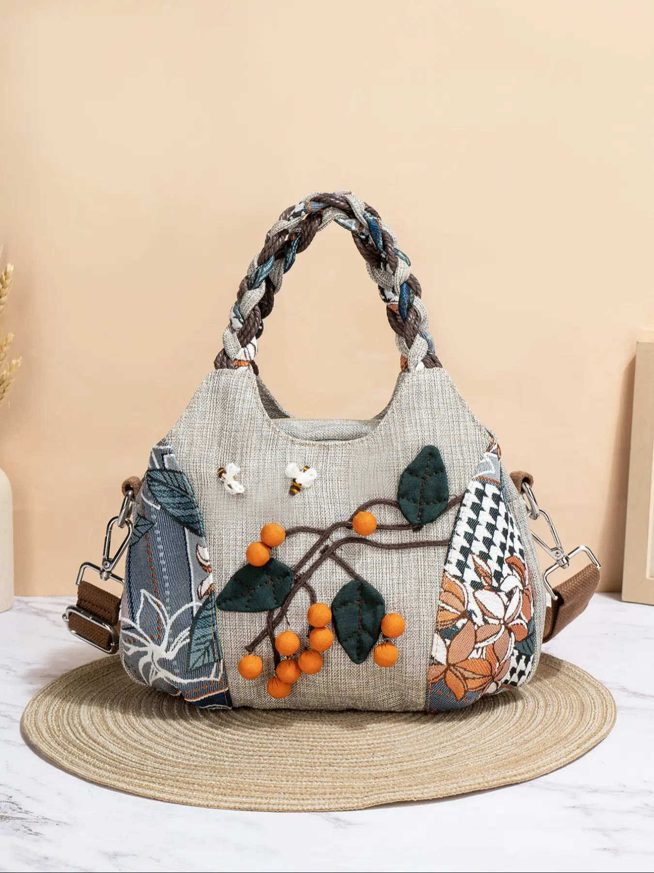 Bohemian Ethnic Style Beaded Persimmon Shoulder Crossbody Bag, Multi-Layer Original Design, Small Elegant Handbag, Random Cut, Colorblock Patchwork Handbag, Fashionable Bohemian Bag, Trendy Crossbody Bag, Boho Shoulder Bags