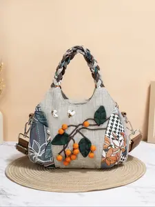 Bohemian Ethnic Style Beaded Persimmon Shoulder Crossbody Bag, Multi-Layer Original Design, Small Elegant Handbag, Random Cut, Colorblock Patchwork Handbag, Fashionable Bohemian Bag, Trendy Crossbody Bag, Boho Shoulder Bags