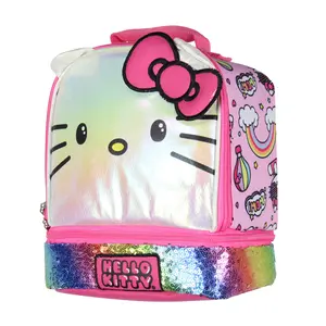 Sanrio Hello Kitty Kids Lunch Box 3-D Ears and Rainbow Sequins Insulated Bag 9"