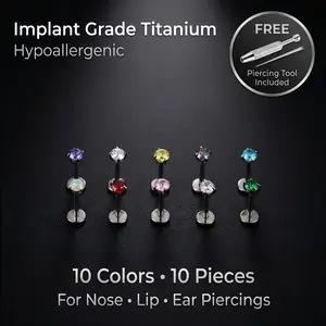 F136 titanium 10pcs Value Pack 18G 1.0mm 7mm straight bar Internally Threaded Gems Nose nail ear nail lip nail universal with Free Ball Holder & Guiding Needle