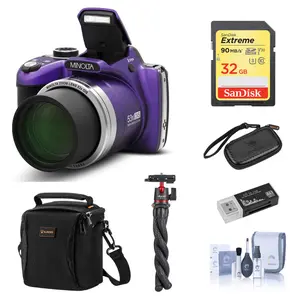 Minolta MN53Z 16MP FHD Digital Camera with 53x Optical Zoom, Wi-Fi, Purple Bundle with Shoulder Bag, Octopus Tripod, 32GB SD Card, Reader, Card Case, Cleaning Kit