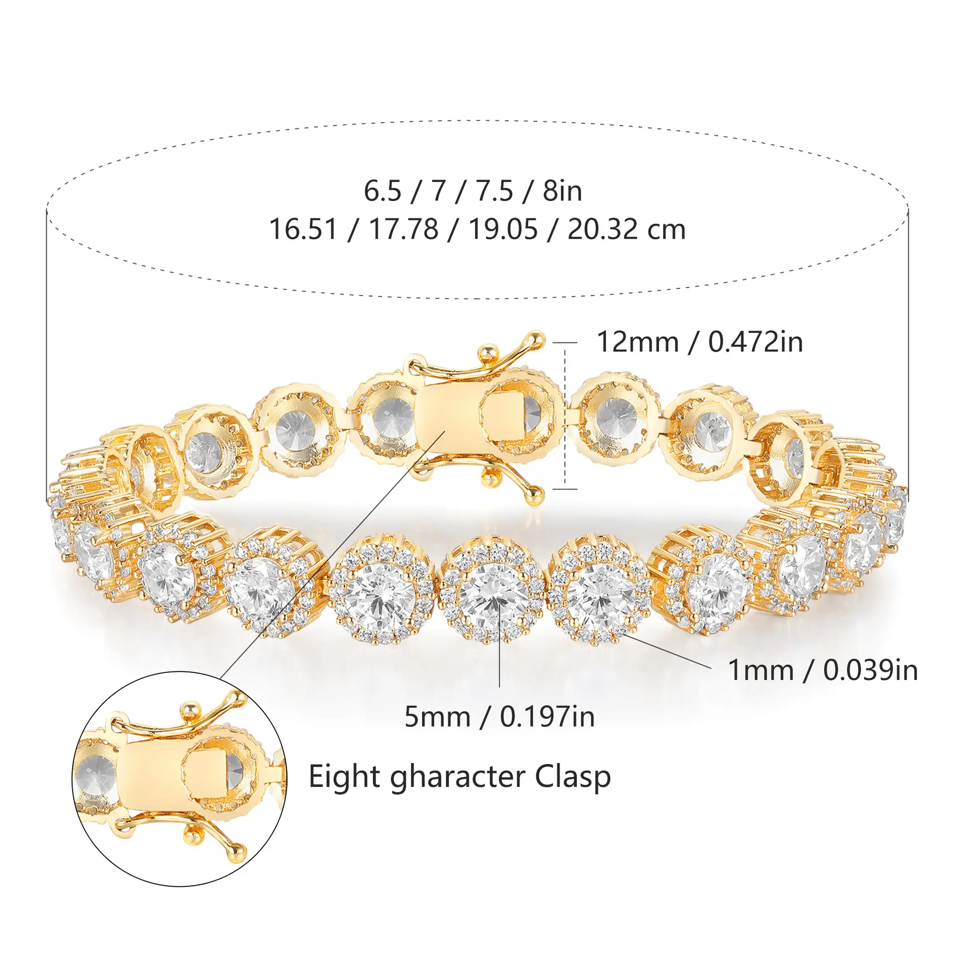 GEMSME 9MM Unisex CZ Halo Round Cubic Zirconia Halo Tennis Bracelets Cuabn link chain for Women Men Hiphop Classic Elegant Fashion Trendy Design  Copper Bracelet 18k White Gold Plated Hypoallergenic AT62205