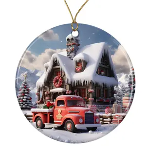 Winter Cabin Red Truck Christmas Town Ceramic Ornament - Vintage Christmas Decor - 3 Inch Christmas Tree Round Ornament - Xmas Holiday Decor - String Included - ORNW0094