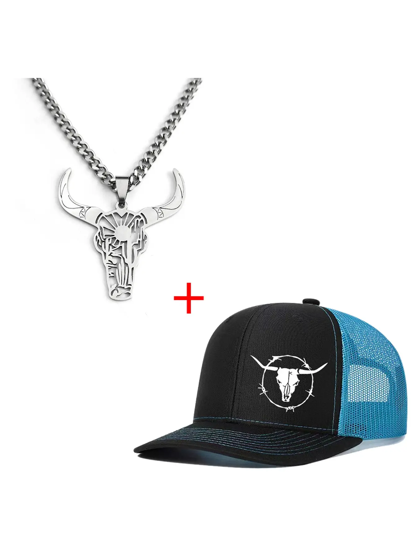 Unisex Bull Head Necklace & Baseball Cap Original Set, Casual Fitted Design, All-Season Wear, Ideal for Men & Women, Perfect for Daily Accessories Set