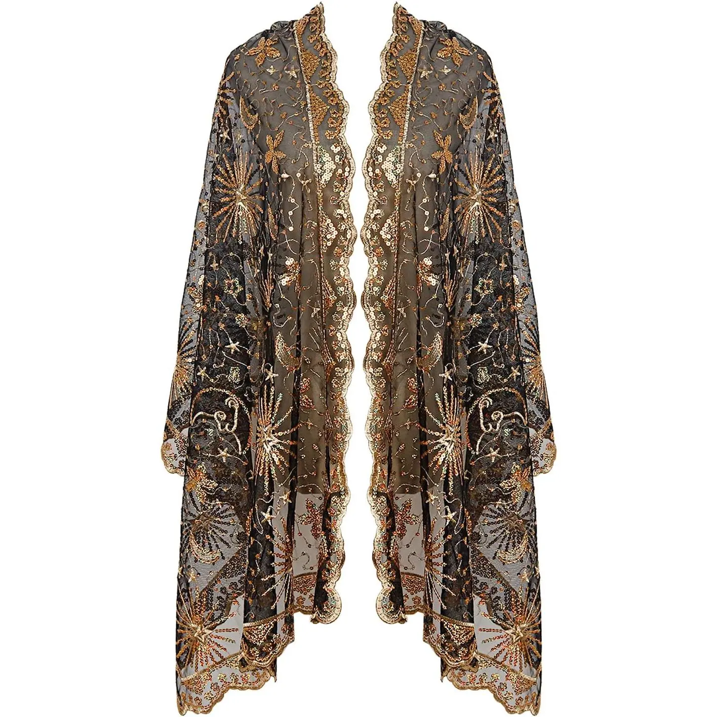 Women's Glittering Sequin Shawl, 1920s Vintage Lace Evening Wrap with Fringed Scallop Edge for Party & Weddings, Looped, Glittering Sequins, Long, Holiday, Bridesmaid Outfits, Draped Over The Shoulder