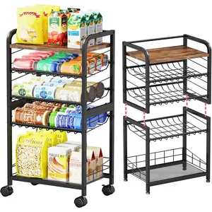 Stackable Rolling Can Organizer for Pantry Soda Multi-Functional Shelf with Adjustable Wheels for Kitchen Office Living Room Black