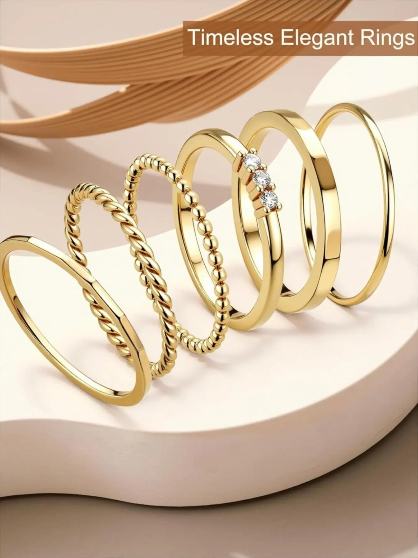 6 Pcs 14K Gold Plated Fashion Stackable Rings Set for Women Girls, Non Tarnish Dainty Cubic Zirconia Thin Ring Set, Trend Jewelry, Size 5-11