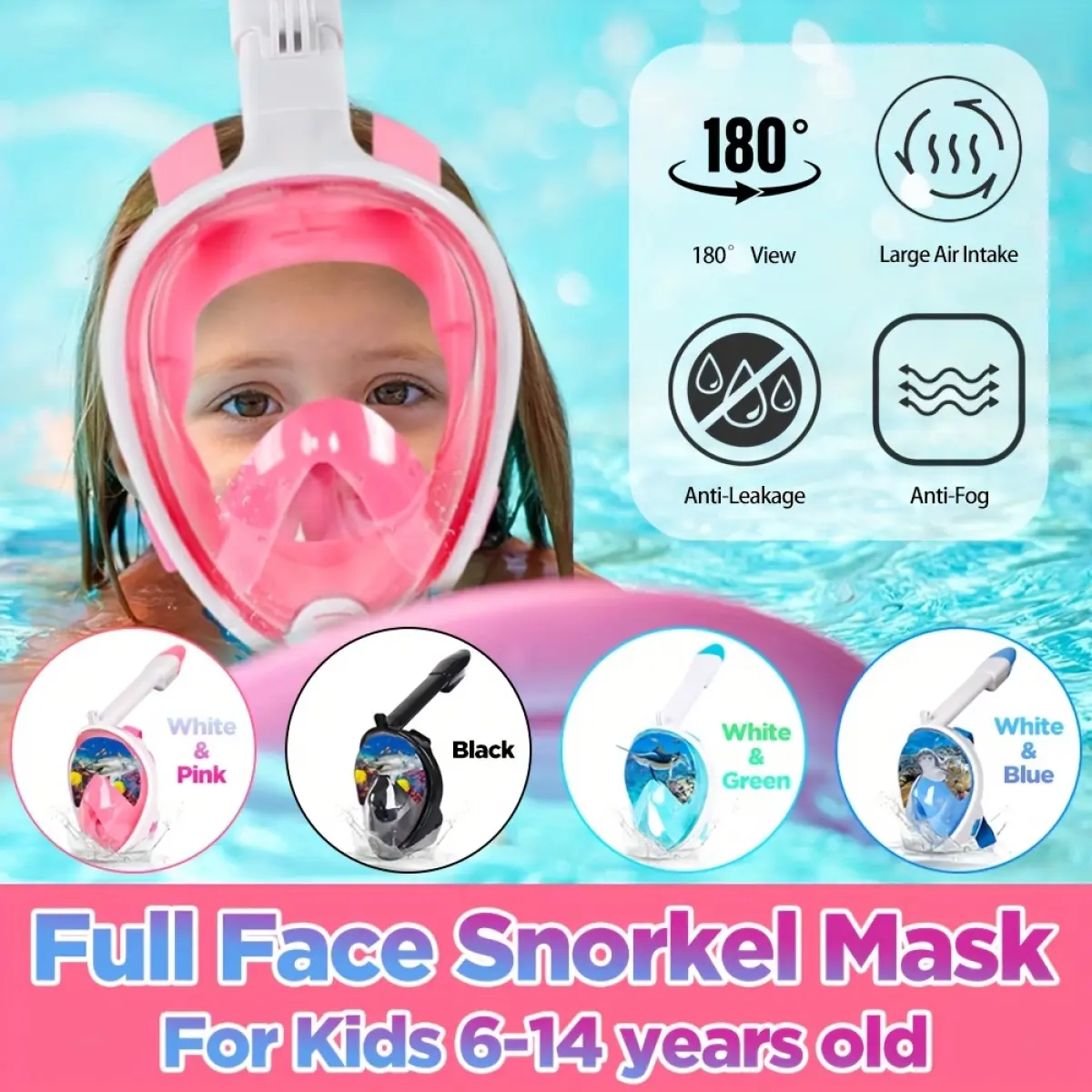 [Leakproof Snorkel Mask] Anti-Fog & Leakproof Full Face Snorkel Mask for Youngsters Ages 6-14 |   180 °   Panoramic View, Camera Mounts, Top-Dry Breathing System, and Large Air Intake - Perfect for Snorkeling