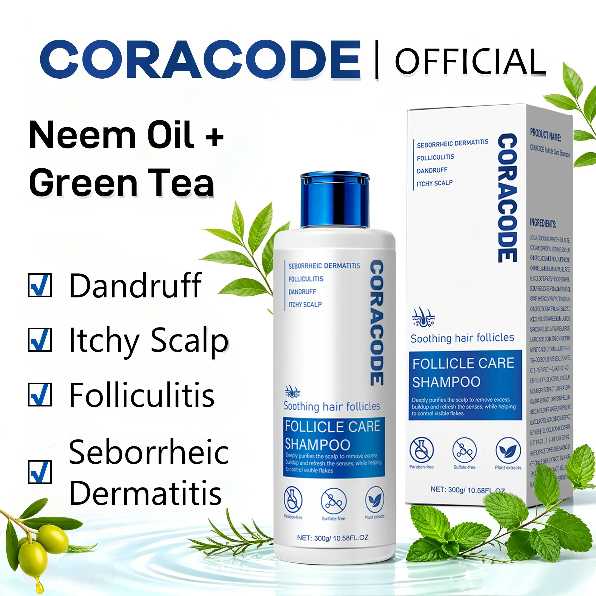CORACODE Botanic Follicle Care Cleanser Shampoo - Haircare Scalp Care Revitalize Shampoo with Tea Tree Oil, Willow Bark, Liquid Clarifying Anti-Dandruff Formula for Itchy Oily Flaky Sensitive Scalp, Buildup, 10.58 Fl Oz for Men, Women (For Natural Curls)