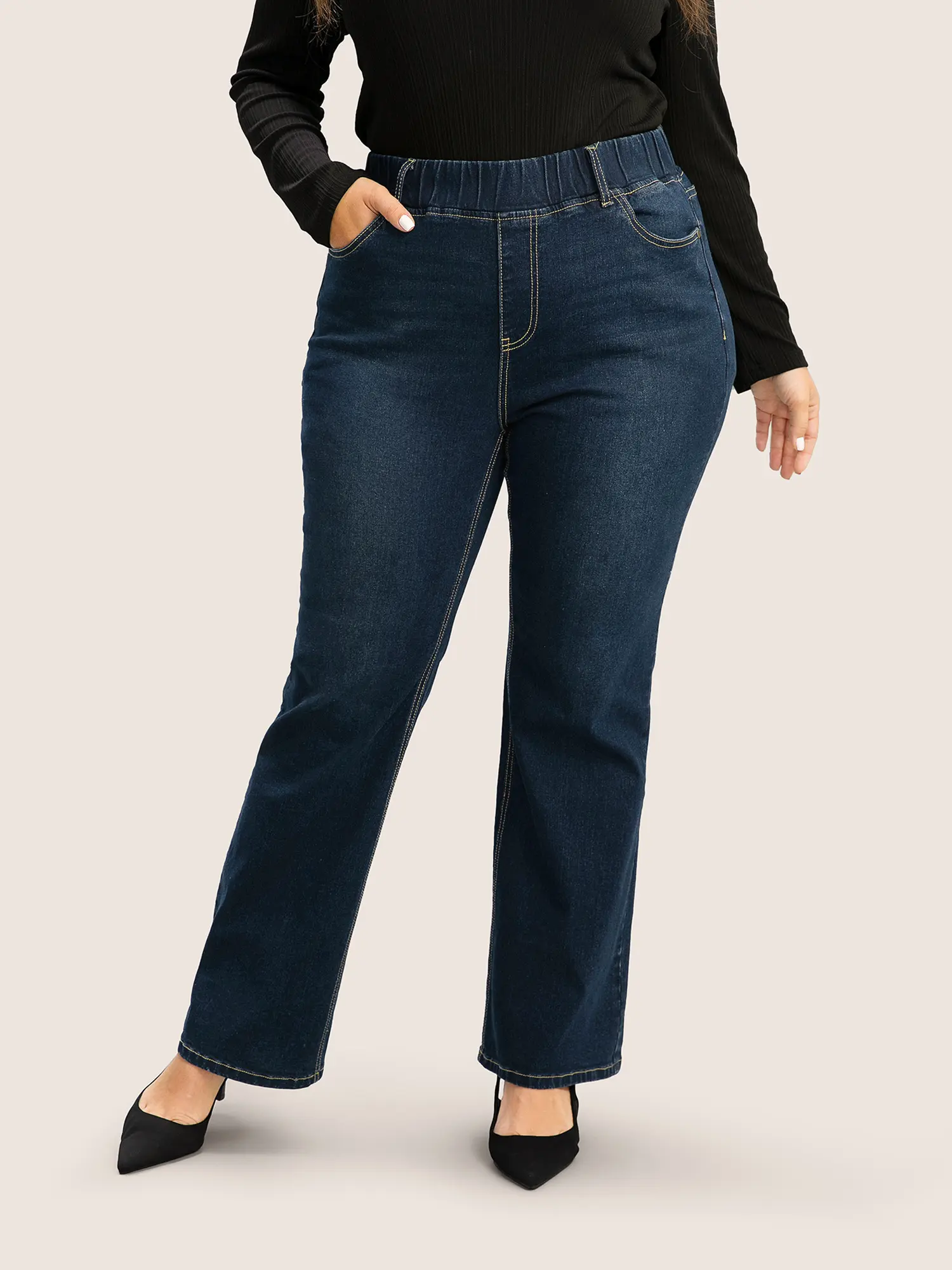 BloomChic Women's Plus Size Indigo Bootcut Jeans - High-Stretch Pull-On Cotton Blend with Elastic Waist for Daily Wear, Fabric, Bottom, Plus Size Fashion, Jeans For Women, Low Iron, Curvy Clothing, Stretch Jeans, Slanted Pockets