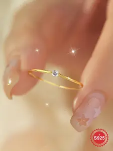 S925 Sterling Silver Minimalist Artificial Zircon, Elegant Everyday Ring, 2024 New Style Fashion Accessories for Women & Girls, Trendy All-match & Exquisite Jewelry for Birthday Gift