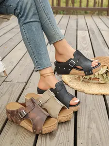 2026 Summer Vintage Wedge Platform Chunky Sandal Mules for Women, Soft Leather Open-Toe Design with Buckle, Three Color Options in, Comfortable Cork Heels for Plus Sizes 40-43, Breathable Casual Slippers for Everyday Wear, Casual Trendy Sandals